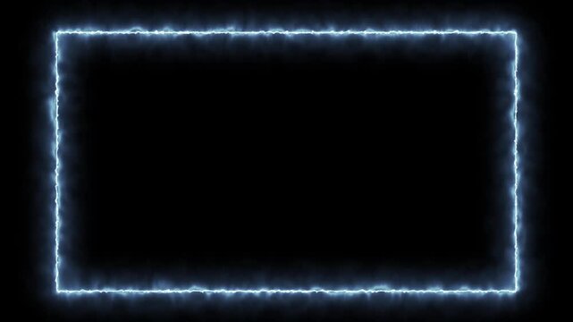 Glowing electric frame with blue plasma border on dark background. Futuristic neon rectangle template for overlays, gaming, and digital motion graphics.