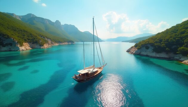 Wooden gulet ship sails on clear turquoise sea water near green mountainside coast. Sunny day creates calm ocean seascape with bright sunlight reflecting. Nautical travel adventure.