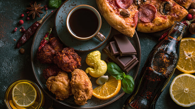 Acid Reflux Trigger Food Concept With Spicy Chicken Coffee Chocolate Pizza Soda And Citrus Fruits