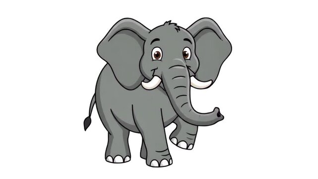 A friendly grey cartoon elephant with large tusks waves its trunk and dances playfully against a solid white background. This clean flat-design illustration is excellent for nursery rhymes, zoo educat