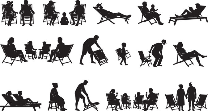 Black silhouettes of people sitting and relaxing on various folding beach chairs Vector