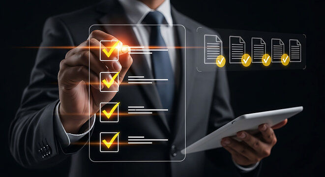 Businessman checking tasks on digital checklist overlay interface in office