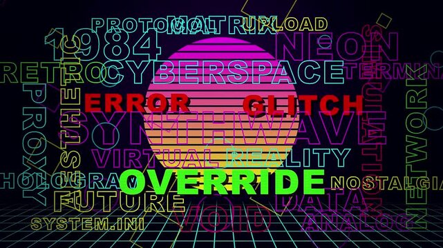 Retro Cyberpunk Style Error Glitch Override Typography with 80s Vibes and Neon Grids