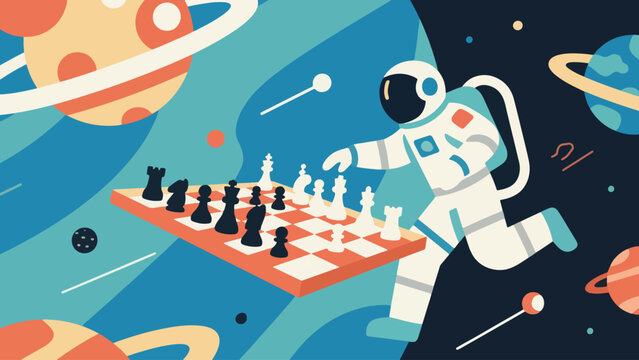 Illustration Of A Strategic Astronaut Playing Chess In Zero Gravity Conditions Vector Design Template