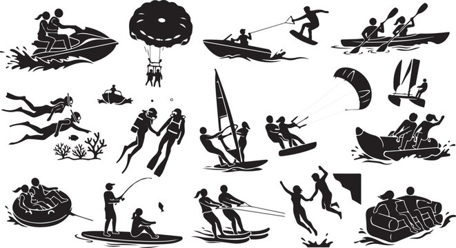 Set of black silhouettes of people doing various water sports and summer activities Vector