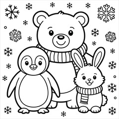 Obraz premium Coloring page with cartoon bear, penguin, and rabbit in winter