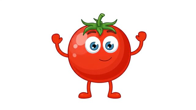 A cheerful, smiling two-dimensional red tomato character with big blue eyes dances joyfully with its arms raised. This vibrant flat animation is ideal for children's educational media, healthy eating 