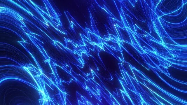 Abstract electric blue energy waves with glowing neon lightning lines and futuristic motion effect. Dynamic digital background for sci-fi visuals and motion graphics.
