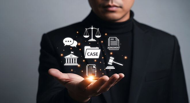 Legal management system concept with lawyer hand holding digital icons