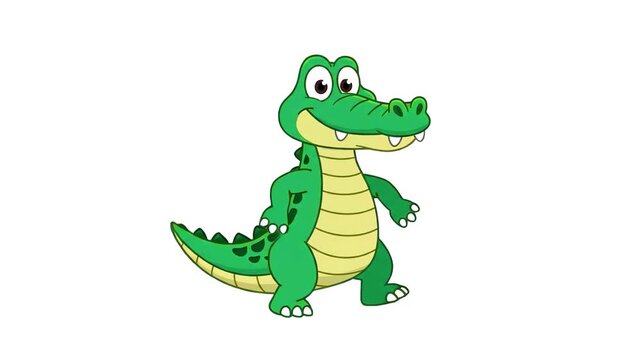 A cheerful 2D vector crocodile character jumps and dances happily with a wide smile. The clean animation loop is set against an isolated solid white background, making it easy to integrate into childr