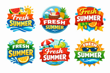 Naklejka premium Bright fresh summer emblems promoting holidays, vacation, and tropical travel with various refreshing elements