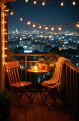 Fototapeta premium Balcony with string lights overlooks city lights at night. Cozy seating area with table candle and blanket creates warm atmosphere. Evening relaxation with urban panorama view.