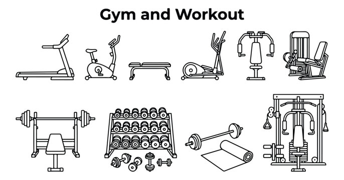Gym and workout equipment icons, fitness training machine vector set, black and white line art of bodybuilding tools and cardio gear