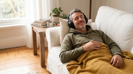 Fototapeta premium A middle-aged man with gray-streaked hair and a short beard lying relaxed on a white sofa, wearing black over-ear headphones and an olive green hoodie, holding a smartphone, covered.