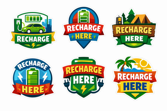 Collection of recharge here stickers with electric vehicles, batteries, camping, and beach scenes
