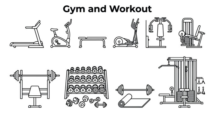 Gym and workout equipment icons, fitness machine line art vector set, professional bodybuilding and cardio training gear for health club branding