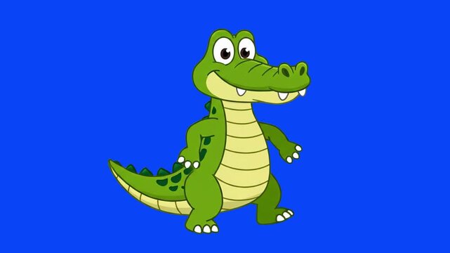 A friendly green alligator cartoon character with a light yellow belly and large expressive eyes dances cheerfully. This looping 2D vector animation is isolated against a solid bright blue backdrop, p