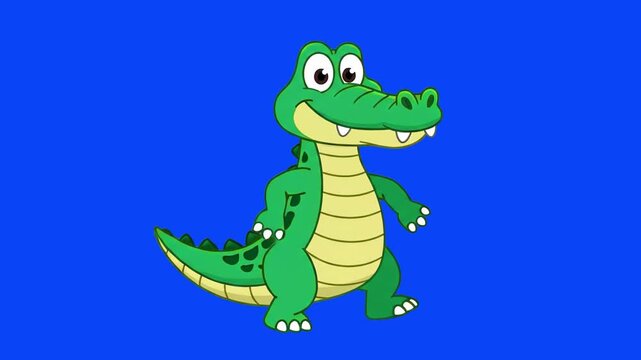 A friendly green alligator cartoon character with a light yellow belly and large expressive eyes dances cheerfully. This looping 2D vector animation is isolated against a solid bright blue backdrop, p