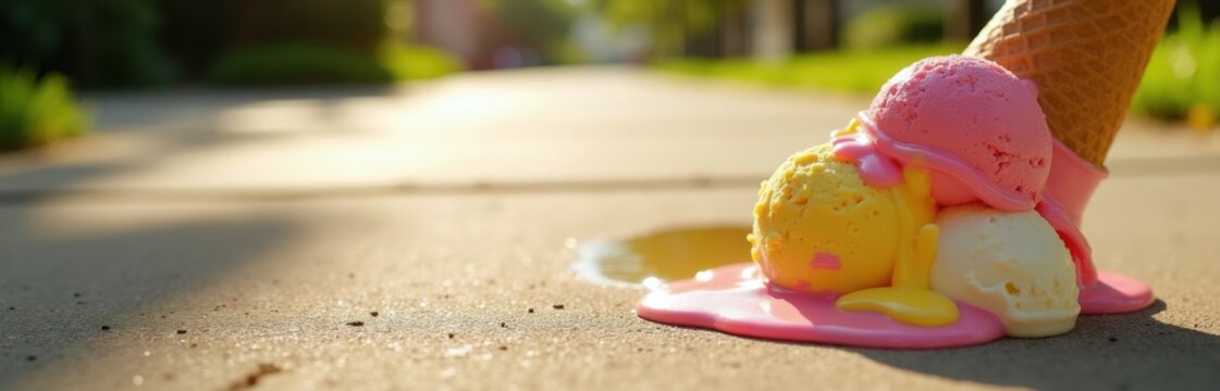 Melting ice cream cone drips onto sunny sidewalk. Confectionery puddle forms on pavement. Sweet summer dessert disaster, messy treat melts fast.