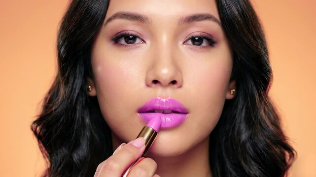 A macro studio beauty shot focusing on a young woman with flawless skin applying bright pink or purple lipstick to her lips. Ideal for cosmetics commercials, makeup tutorials, beauty industry advertis