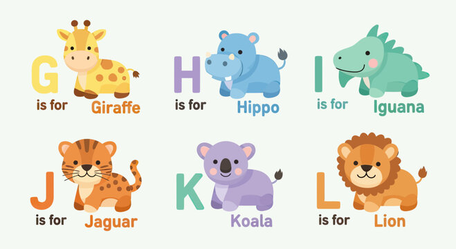 Cute Animal Alphabet Set for Children's Education, Letters G to L featuring Giraffe, Hippo, Iguana, Jaguar, Koala, and Lion, Flat Vector Illustration