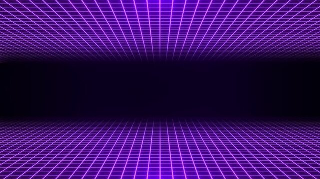 Abstract purple retro grid tunnel with glowing neon perspective and futuristic cyberspace design. Digital sci-fi background for motion graphics visuals.