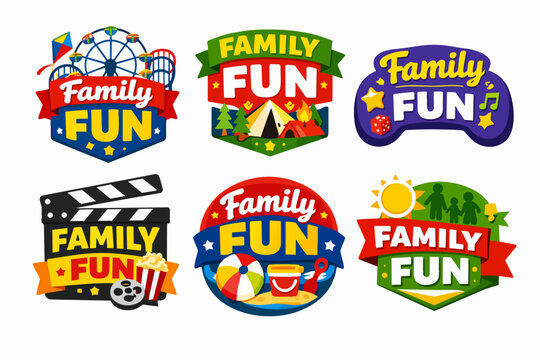 Collection of family fun vector badges and emblems for entertainment, travel, leisure, and recreational activities