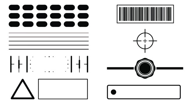 Industrial packaging symbols and technical design elements, black vector icons set, barcode and geometric registration marks for print production