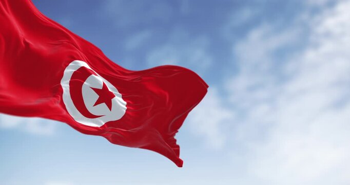 Detail of the Tunisia national flag waving. Red with white circle in center, red star and crescent within circle. Seamless 3d render animation. Slow motion loop. Selective focus