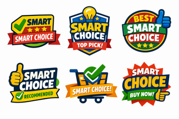 Obraz premium Smart choice labels set including recommended, top pick, best, and buy now badges for shopping products