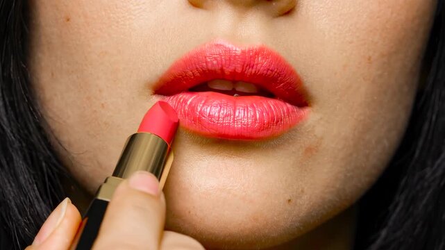 A detailed macro view focused on a woman's lips as she carefully applies a vibrant red cosmetic lipstick tube. This realistic beauty animation highlights makeup application textures and techniques, pe