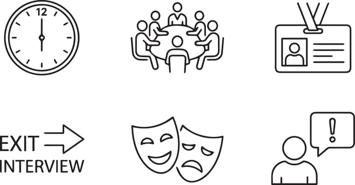 Job interview icons set with clock and people