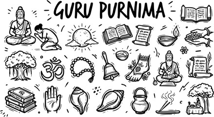 Fototapeta premium Guru Purnima Doodle Icons - Indian Culture, Spirituality, Gratitude, Tradition, Line Art