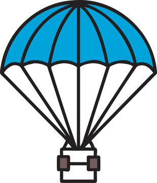 Bright blue air delivery parachute dropping heavy cargo package icon