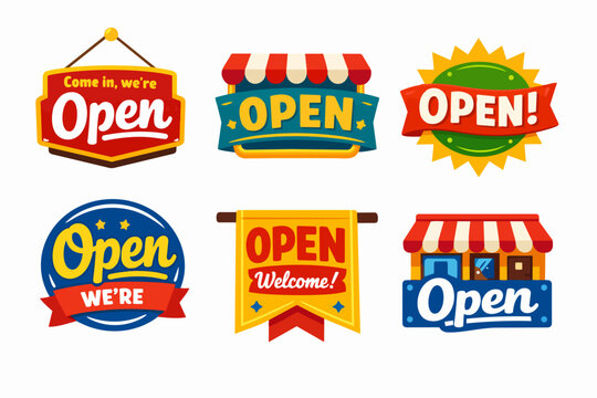 Collection of vibrant shop open signs and banners, signaling that stores are ready to serve and invite customers inside