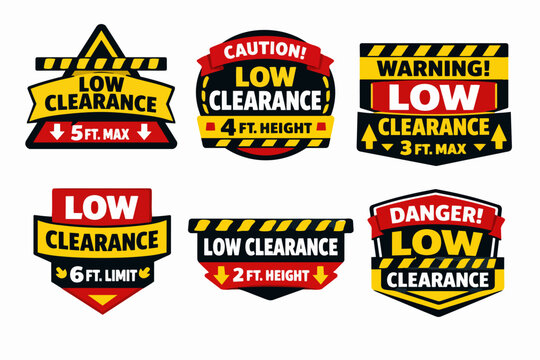 Low clearance warning signs collection illustrating height restriction, caution, and danger for safety and navigation