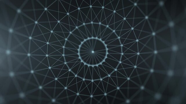 Abstract geometric network with connected nodes and circular mesh structure on dark background. Futuristic technology design for data and digital visuals.
