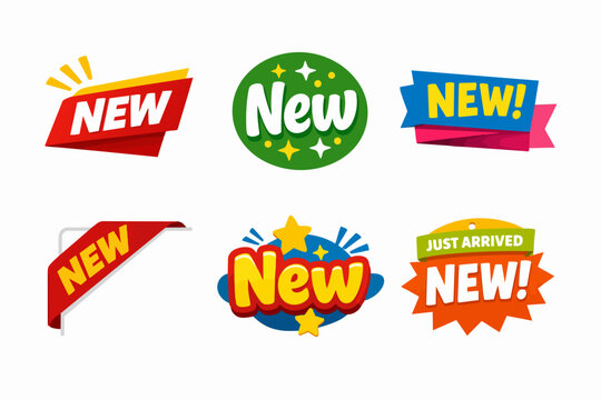 New labels and arriving badges collection. Marketing stickers for product launches, promotions, and sales campaigns