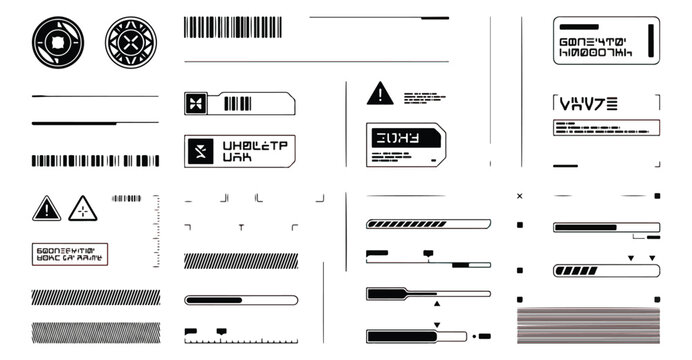 Futuristic HUD UI elements set, sci-fi interface vector graphics. Minimalist tech dashboard components, digital display frames and loading bars.