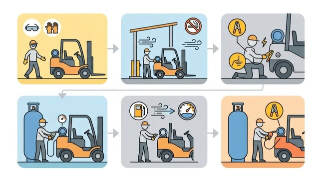 Workers are engaged in refueling a forklift in a warehouse, following safety protocols for logistics operations and machinery upkeep.