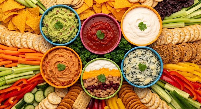 Colorful bowls of tasty vegetable dips with fresh sliced vegetables and crunchy crackers for party. kitchen dip station