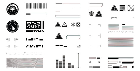 Futuristic HUD UI elements set, black sci-fi interface vector graphics, cyberpunk tech display components for gaming and dashboard design © Chaudhary