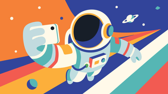 Illustration Of An Astronaut Taking A Selfie In Zero Gravity Vector Design Template