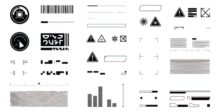 Futuristic HUD UI elements set, black sci-fi interface vector graphics, cyberpunk tech display components for gaming and dashboard design