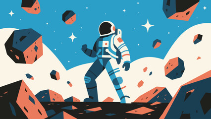 Illustration Of An Astronaut In An Asteroid Field Standing Bravely Vector Design Template © Princess