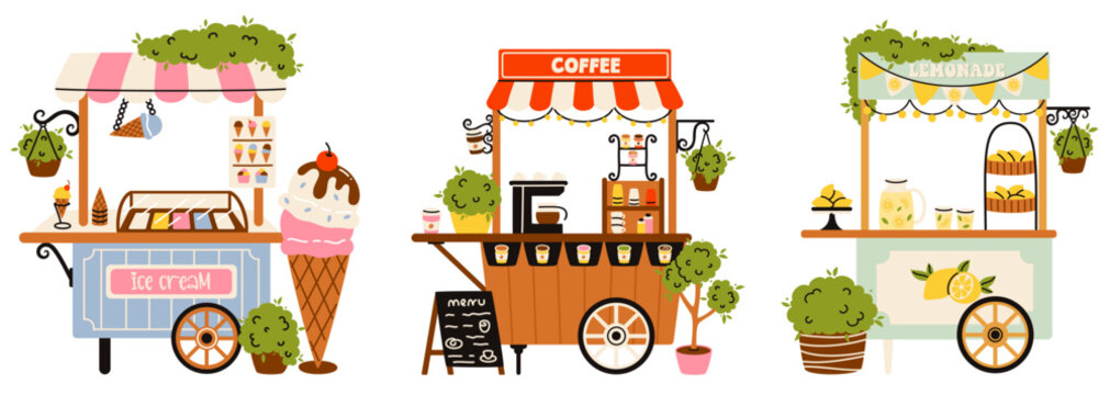 A collection of small street shops. A coffee cart, ice cream stand, and lemonade stand. Perfect for food branding, market festivals, and stickers.