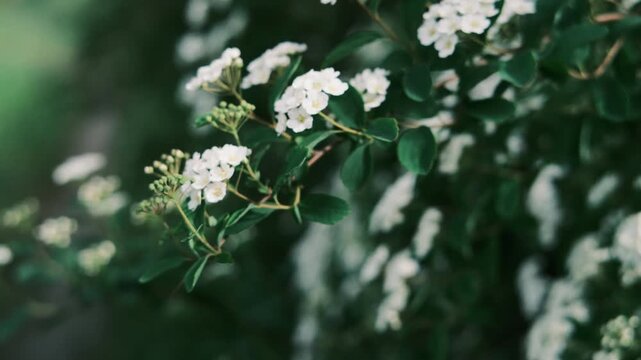 A large green bush fully covered in beautiful white flowers, known as bridal wreath spirea. This is high-quality footage in high resolution with a good bitrate, ideal for garden and spring themes.