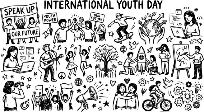Black and White Line Art Illustration for International Youth Day. Hand-drawn doodle featuring diverse young people in education, activism, arts, sports, and future development themes.