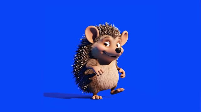 A cheerful flat vector style 2D animated hedgehog mascot character with a wide open smile waving its hands joyfully. This friendly forest animal asset is isolated on a vibrant blue screen background.