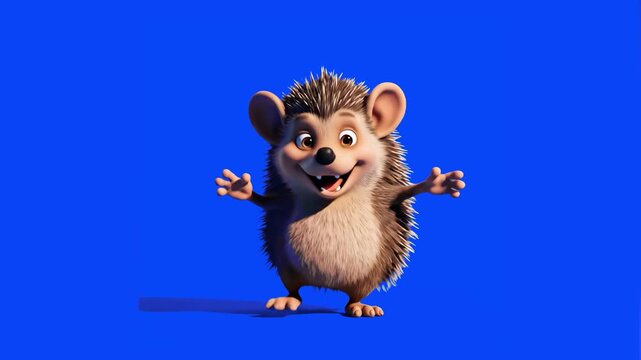 A cheerful flat vector style 2D animated hedgehog mascot character with a wide open smile waving its hands joyfully. This friendly forest animal asset is isolated on a vibrant blue screen background.